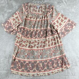 Catherines Tunic Top Womens 0X Beige Pink Blue Paisley‎ Semi Sheer Flowy Boho